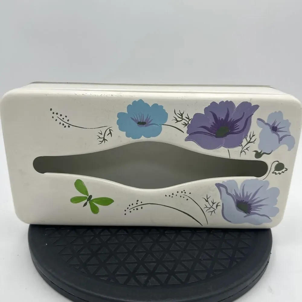Vintage Ransburg 1950s Retro Hand Painted Blue Purple Floral Metal Tissue Box